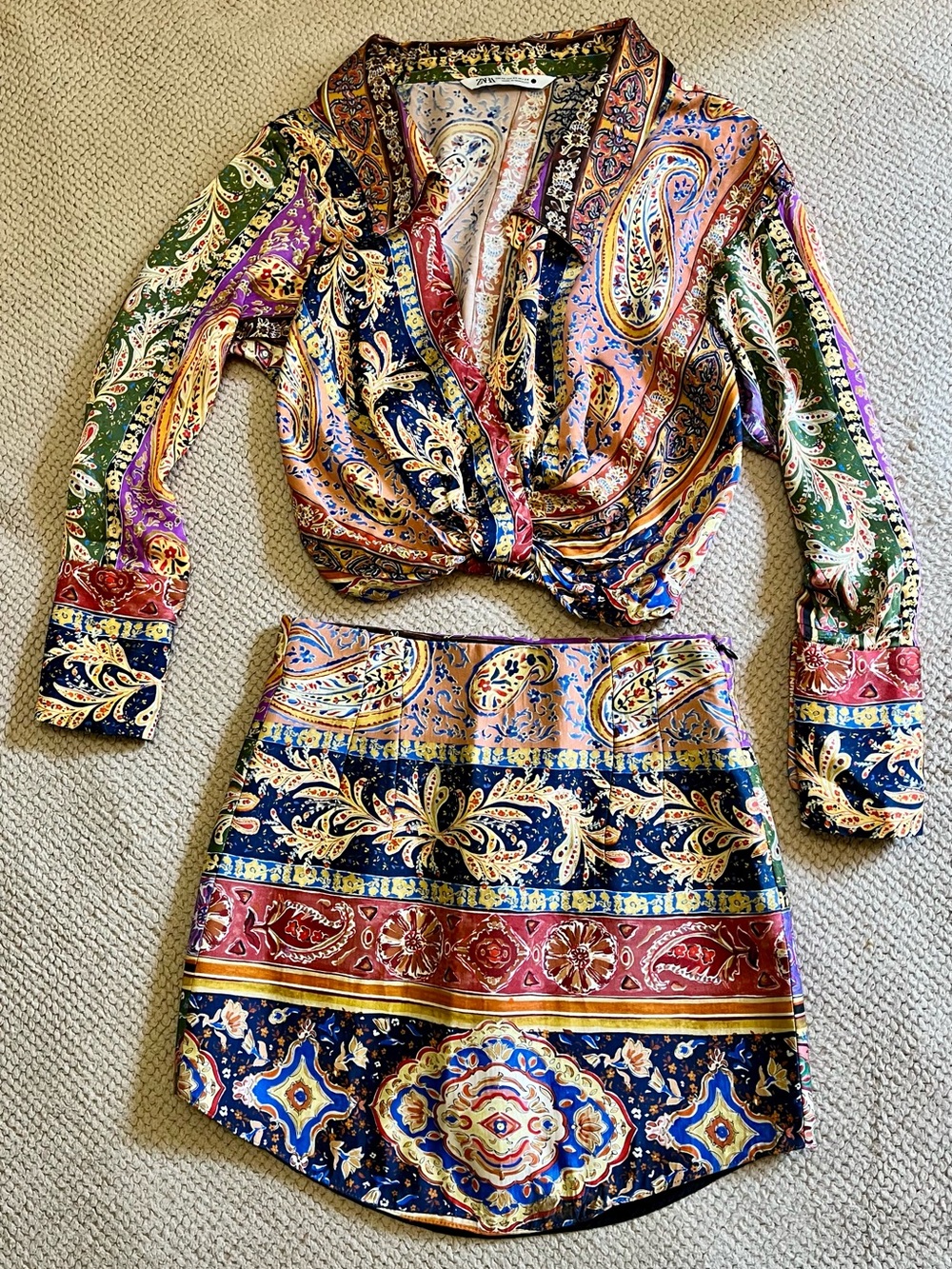 Zara Multicolour Paisley Floral Print Skirt Set Crop Top Mini Skirt